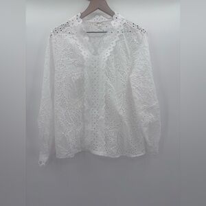 Ultra Pink Eyelet Long Sleeve Popover Blouse White Size Medium